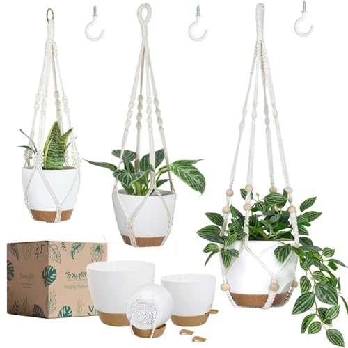 Bouqlife 3 Set Self Watering Hanging Planters for Indoor Plants - color: Self Watering White, size: Medium