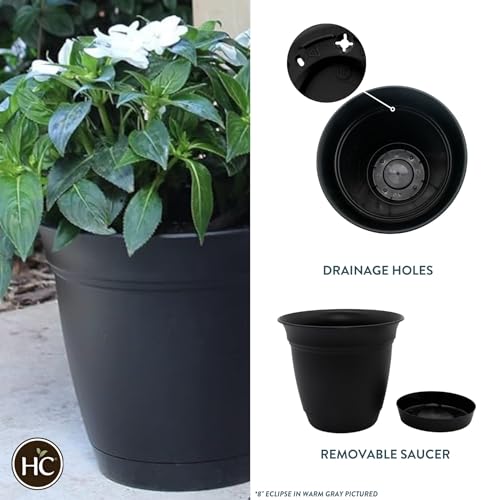 The HC Companies Eclipse Round Planter with Saucer - Outdoor & Indoor Plant Pot with Drainage Holes - Lightweight, UV-Resistant Plastic Pots for Plants, Flowers & Herbs (6" Black, Pack of 1) - color: Black, size: 6"