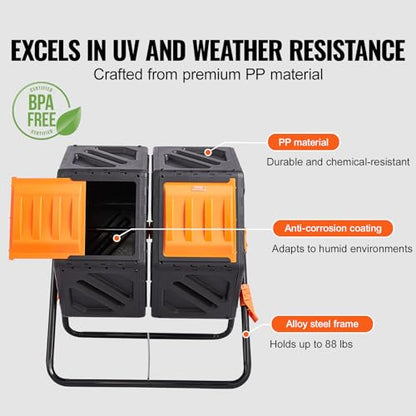 VEVOR Compost Bin, 37-Gal Dual Chamber Composting Tumbler, High Volume Two Rotating Chambers with 2 Sliding Door and Steel Frame, BPA Free Composter Bin Tumbler for Garden, Kitchen, Yard, Outdoor - size: 37 Gal