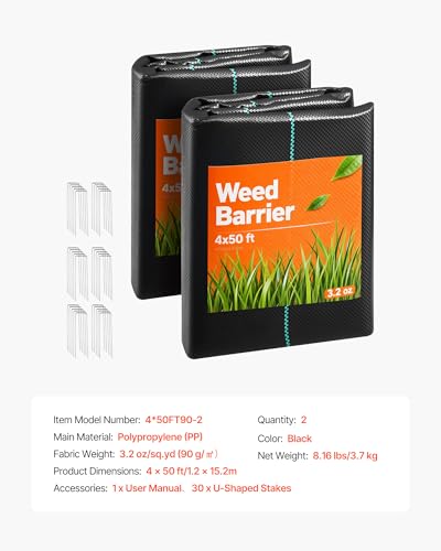 VEVOR 4x100FT 3.2oz Weed Barrier Fabric Heavy Duty, Landscape Fabric, Weed Blocker Fabric, Garden Weed Mat Lawn Fabric, Weed Control Fabric, Driveway Fabric, Ground Cover, Woven Landscape Cloth, Black - size: 4FT*50FT*2Packs-3.2oz