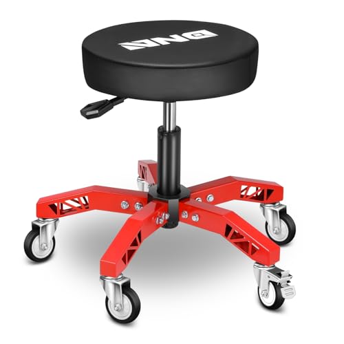 DNA Motoring Rolling Shop Stool, Adjustable Height Padded Rolling Seat, Pneumatic Roller Mechanic Stool for Garages, 300lbs Capacity, TOOLS-00635-BK-RD - style: 5 Wheel Red