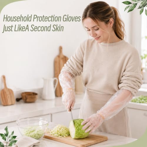 Qianyu 100 PCS Disposable Long Gloves Plastic Dressing Gutting Gloves Waterproof Cleaning Long Sleeve Glove 21 Inch Lightweight with 300 Rubber Bands for Farm Household Gardening Cleanings