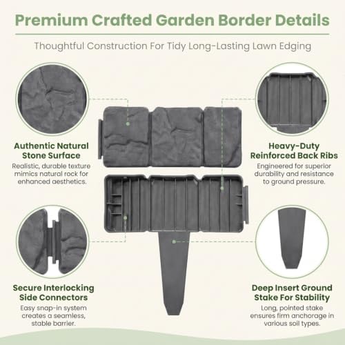 20 Pack Imitation Stone Garden Fence, Landscape Edging, Weatherproof Plastic Border for Flower Beds, Lawn & Walkway