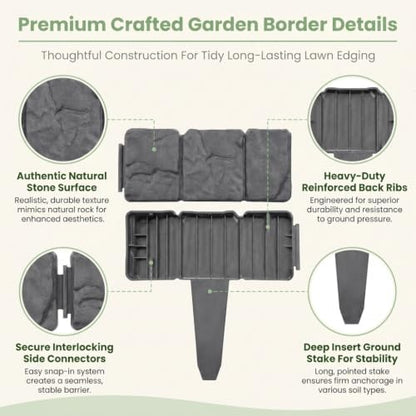 20 Pack Imitation Stone Garden Fence, Landscape Edging, Weatherproof Plastic Border for Flower Beds, Lawn & Walkway