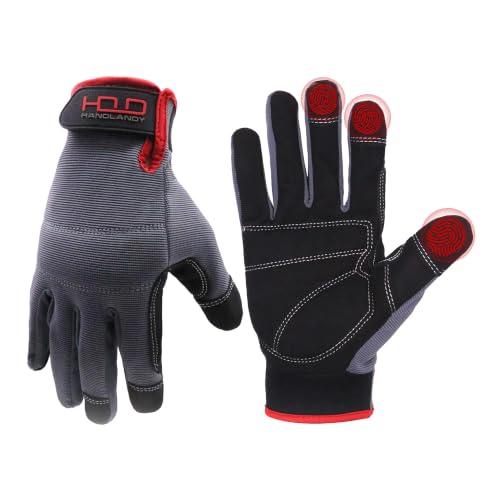 HANDLANDY Work Gloves for Men & Women, Utility Mechanic Working Gloves Touch Screen, Flexible Gardening Gloves for Yard - color: Grey (1 Pair), size: Medium