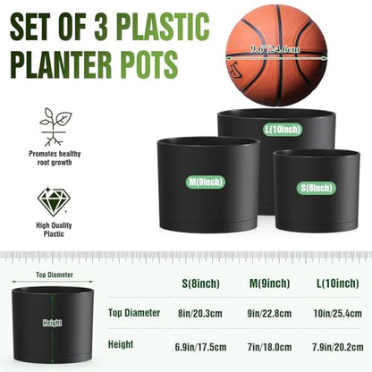 10/9/8 Inch Plant Pots 3 Pack, with Drainage Hole & Saucers - color: Matte Black