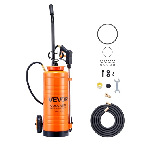 VEVOR Industrial Concrete Sprayer with Wheeled Cart, 3.5 Gallon Stainless Steel Sprayer, Heavy Duty Tri-Poxy Pump Sprayers, 20.5"Wand, 48" & 120"Hoses, 2 Brass Nozzles for Construction, Lawn & Garden - size: 3.5 Gal with Cart