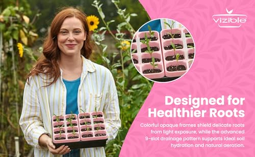 Vizible 16-Cell Seed Starting Tray Caddy | Reuseable Clear Cell Design | Perfect for Vegetables Including Tomatoes and Peppers, Flowers and Herbs (Aster Pink) - color: Aster Pink