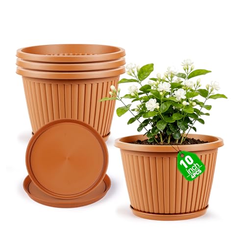 Myfeegoin Planter-Pots-for-Plants-Indoor-Outdoor, 4 Pack 10 Inch Plastic Flower Pots with Saucer & Drainage Holes, Modern Garden Planters for Planting Medium Large Plants，Decorative Resin Garden Pots - color: Terracotta, size: 10 inch