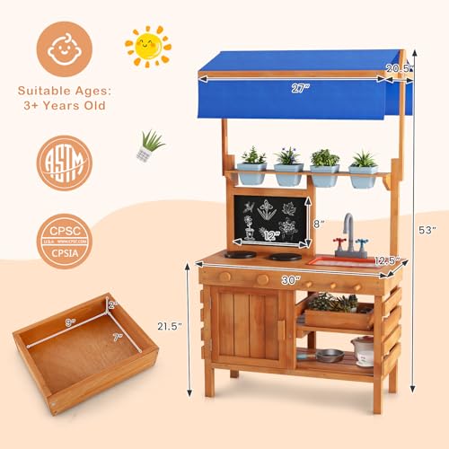 GLACER Mud Kitchen, Fir Wood Kids Play Kitchen with Adjustable Canopy, 4 Planting Pots, Blackboard, Kids Potting Bench Table, Outdoor Mud Table for Girls & Boys 3+