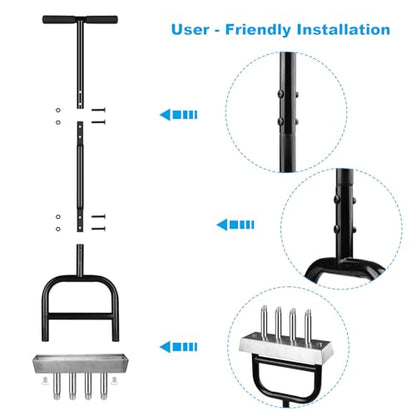 Lawn Aerator Manual Garden Tool with Soil Core Tray - 4 Stainless Steel Core Plug Aerator for Grass Aeration, Yard Lawn Care Heavy Duty Garden Tool for Healthy Lawn Growth