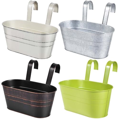 OBTANIM 4 Pack Metal Hanging Flower Pots Iron Railing Planter Outdoor Fence Hanging Pots Bucket Plant Holder with Detachable Hooks Drain Holes for Home Garden Yard Decor (Mixed Color) - color: Mixed Color