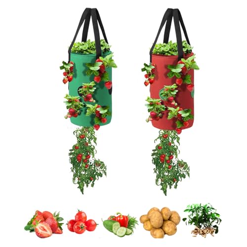 Upside Down Tomato Planter-3 Gallon Hanging Strawberry Planter Durable Aeration Fabric Grow Bags for Vegetables (Set of 2- Red and Green) - color: Set of 2- Red and Green