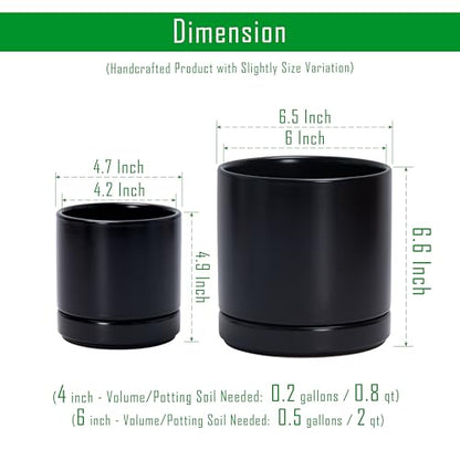 D'vine Dev 2-Pack Ceramic Pots with Saucers, Black, 4/6 in, 94-G-S-2 - color: Black, size: Small