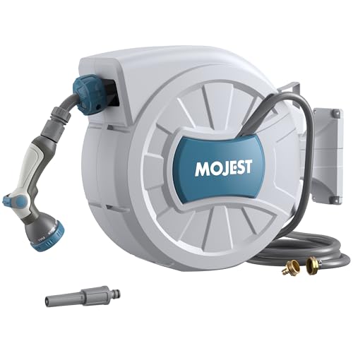 MOJEST Retractable Garden Hose Reel - 1/2 in x 100 ft Wall Mounted Heavy Duty Water Hose Reel with Automatic Slow Rewind System, 2 Hose Nozzle, 180°Swivel Bracket, Light Gray - color: Light Gray, size: 100FT