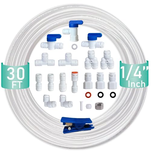 ESHIONG NSF Certified 1/4" O.D. Push to Connect Fittings for RO (Reverse Osmosis) Water Filter（ Fridge Installation Kits）20 pcs+30 feet 1/4" Water tubing. - style: 1/4" Fridge Installation Kit