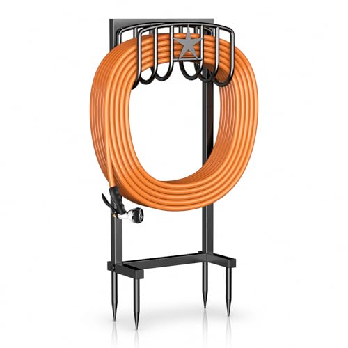 Garden Hose Holder, Heavy Duty Freestanding Metal Stand, 165FT Garden Hose Storage with 4-Spike Stable Base, Rustproof Water Hose Holder for Outdoor Yard Lawn Garden Black