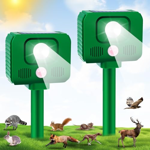 2 Pack Solar Ultrasonic Animal Repellent,Cat Repellent Outdoor Frequency Adjustable Rabbit Squirrel Deer Repellent Devices Raccoon Fox Skunk with Motion Detection & LED Light for Yard Farm Garden