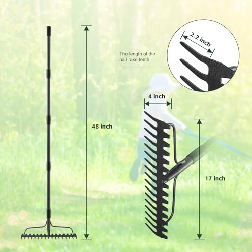 63'' Bow Rake Heavy Duty Garden Rake with Stainless Steel Handle, Tines Metal Head Rake Tool for Loosening Soil Gathering Leaf Leveling Lawn Farming Land Management Yarn Thatch Rake - size: 63"