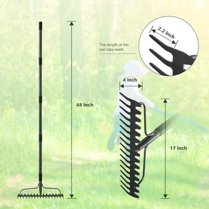 63'' Bow Rake Heavy Duty Garden Rake with Stainless Steel Handle, Tines Metal Head Rake Tool for Loosening Soil Gathering Leaf Leveling Lawn Farming Land Management Yarn Thatch Rake - size: 63"