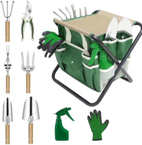 10 Piece Green Gardening Tool Set– Stainless Steel Tools with Wooden Handles, Folding Stool & Canvas Tote, Durable Garden Kit for Every Gardener