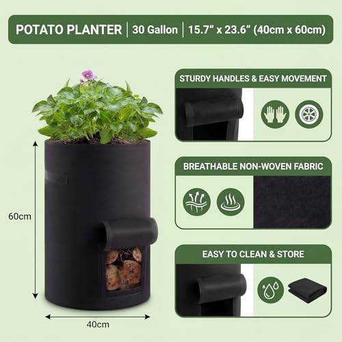 2 Pack 30 Gallon Potato Grow Bags with Harvest Window, Durable Garden Planter Bags with Handles for Potatoes, Tomatoes, and Vegetables - Indoor & Outdoor Gardening Supplies (Black)