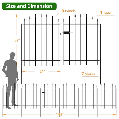 32" x 12' No-Dig Metal Garden Fence with Gate, Outdoor Fencing for Yard - size: Roman Col 32″H x 12ft (1Gate+5Panels)