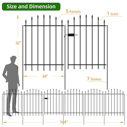 32" x 12' No-Dig Metal Garden Fence with Gate, Outdoor Fencing for Yard - size: Roman Col 32″H x 12ft (1Gate+5Panels)