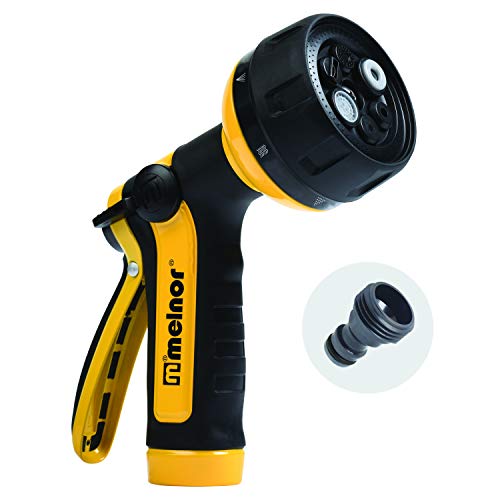 Melnor 65112-AMZ 6-Pattern Vortex Water Hose Sprayer Nozzle, QuickConnect Product Adapter, Black, Yellow, Slip Resistant Outdoor Hose Nozzle Sprayer for Watering Plants, Lawn, Car Washing, Patio, Pet - style: 6-Pattern