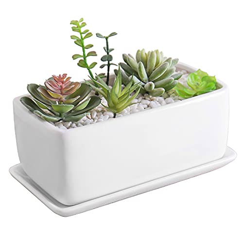 MyGift 10 Inch Modern Unglazed White Ceramic Indoor Plant Pot with Drainage Hole, Rectangular Succulent Planter Window Box with Removable Saucer, 1 Pack - size: 10 inch - 1 Pack