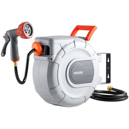 VEVOR Retractable Garden Hose Reel, 1/2 in x 50 ft, Wall Mounted Hose Reel with 9-Function Sprayer Nozzle and 180° Swivel Bracket, Any Length Lock, Automatic Slow Rewind System, for Garden Watering - size: 1/2 in x 50 ft