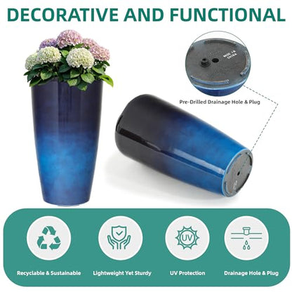 22.8" Gradient Blue Resin Tall Outdoor Planters with Drainage Holes - color: 22.8"h-faux Blue Ceramic