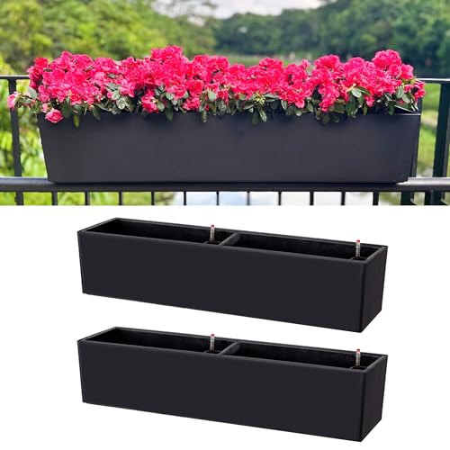 LaLaGreen Rail Planter Boxes for Outdoor (2 Pack, 40") Hanging Flower Pots with Bracket, Black Rectangular Self Watering System Deck Railing Herb Planters Outdoor Plants Container Rail Balcony Fence - color: 40" X 2 (Black)