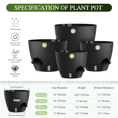 Plant Pots, 4 Pack 12/10/9/8 Inch Self Watering Pots with Drainage Holes, Water Level Indicator Deep Reservoir, Large Planters for Indoor Outdoor Plants - Black - color: Black, size: 12+10+9+8 inch Set