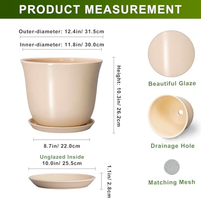 Ceramic Plant Pots, 12 Inch Plant Pot with Drainage, Beige - color: Beige, size: 12 Inch