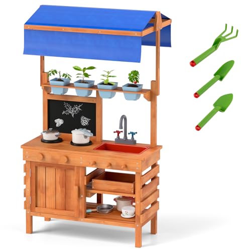 GLACER Mud Kitchen, Fir Wood Kids Play Kitchen with Adjustable Canopy, 4 Planting Pots, Blackboard, Kids Potting Bench Table, Outdoor Mud Table for Girls & Boys 3+