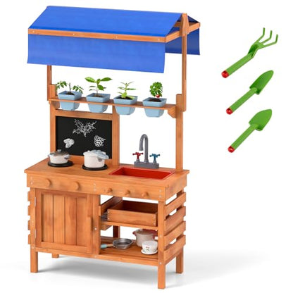 GLACER Mud Kitchen, Fir Wood Kids Play Kitchen with Adjustable Canopy, 4 Planting Pots, Blackboard, Kids Potting Bench Table, Outdoor Mud Table for Girls & Boys 3+