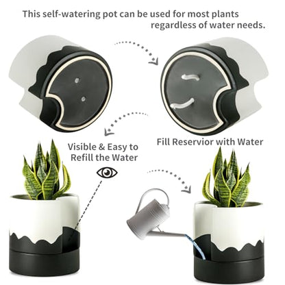Nihow Self Watering Plant Pot, 8 Inch, White & Wave Black - color: White & Wave Black, size: 8" Self Watering