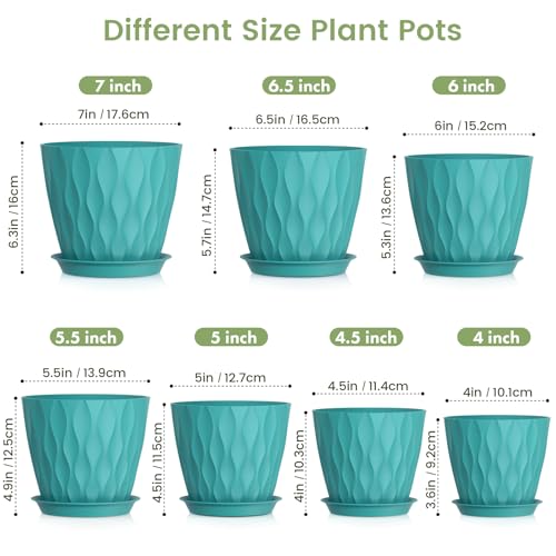 Meowell 7/6.5/6/5.5/5/4.5/4 inch Plant Pots for Indoor Outdoor Plants, 7 Pack Thick Flower Pots with Drainage Holes and Saucers, Modern Wave Texture Small Plastic Planters Nursery Pots, Blue Green - color: Blue Green, size: 7+6.5+6+5.5+5+4.5+4 inch 7 piec