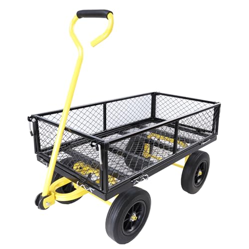 Metal Utility Wagon with 10" Solid Large Wheels 500 Lbs Capacity Heavy Duty Wheel Barrow Mesh Steel Garden Wagon Cart Dump Cart Pullable with 180° Rotating Handle Removable Sides (Black & Yellow) - color: Black & Yellow