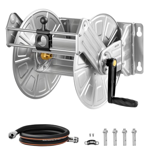 VEVOR Wall Mounted Garden Hose Reel Holds 150 ft 5/8-inch Water Hose Winder - color: Silver, size: 150ft, 5/8-inch, Wall Mounted