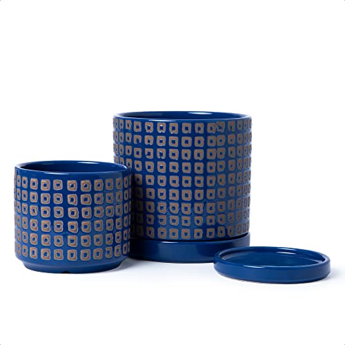 D'vine Dev Set of 2 Ceramic Planter Pots with Drainage Hole and Saucer, 4.5 Inch 6 Inch Plant Pots for Indoor Houseplants, Blue, 99-A-6