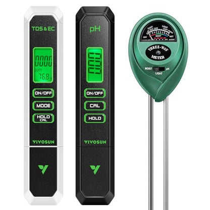 VIVOSUN Digital pH Meter, 3-in-1 TDS/EC/Temperature Meter, 3-in-1 Soil Moisture/pH/Light Tester Combo for Home, Garden and Hydroponics - color: Black-White-Green