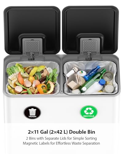 Lovewind Dual Trash and Recycling Bins for Kitchen, 2 * 11-Gallon Stainless Steel Double Trash Can, Step-On Garbage and Recycle Combo, Quiet Close, Pet-Proof, Compatible with 13-Gallon Bags, White - color: White, size: 2 x 11 Gallon
