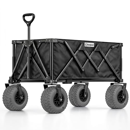 Beach Wagon with Heavy-Duty 10" Air Tires - All Terrain Folding Cart with Big Wheels for Sand and Gravel - 300 LB. Capacity (Black) - color: Black