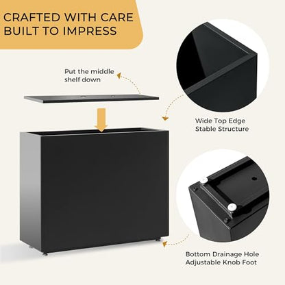 30" Tall Black Metal Planter with Middle Shelf, 36Wx11Dx30H - color: Black, size: 36Wx11Dx30H