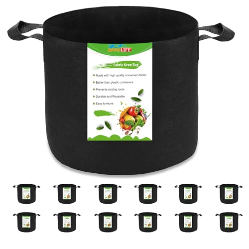 12-Pack 5 Gallon Plant Grow Bags, Heavy Duty Aeration Fabric Pots with Handles for Garden and Planting - size: 5 Gallon