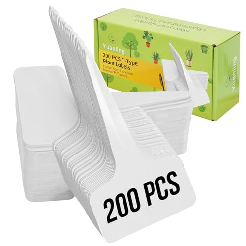 Plant Labels 200 Pcs Yuanling T-Type Plastic Garden Tags Waterproof Plant Sign Stakes Nursery Garden Makers for Seedlings Flower Vegetables Herb Potted Belt Permanet Marker Pen (White) - color: White