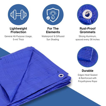 Kotap 5 x 7 Ft. All-Purpose Multi-Use Protection/Coverage 5-mil Poly Tarp, Waterproof, Blue, 40-Pack (TRA-0507-40) - color: Blue, size: Cut Size: 5 x 7'/Finished Size: 4' 6" X 6' 6"