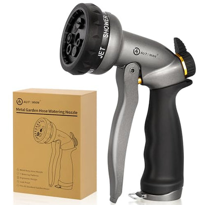 AUTOMAN Garden Hose Nozzle - 7 Patterns Sprayer, 100% Metal High Pressure Spray Nozzle, Labor-Saving Design, Heavy Duty Water Hose Nozzle for Garden Watering, Car Washing, Window Cleaning,Pets Bathing - color: Metalic Silver